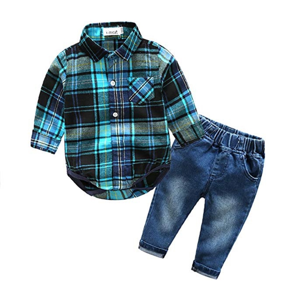 Baby boys set- flannel onesie and jeans - new